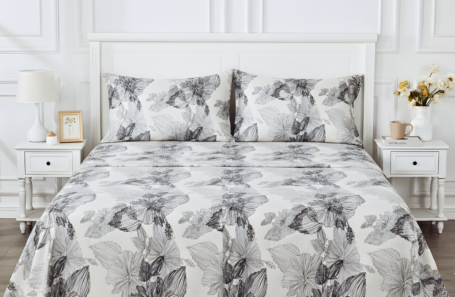 Set Lenjerie de Pat de Lux din Bumbac Ranforce | Floral, King Size, 4 Piese – Model Ink Blossom