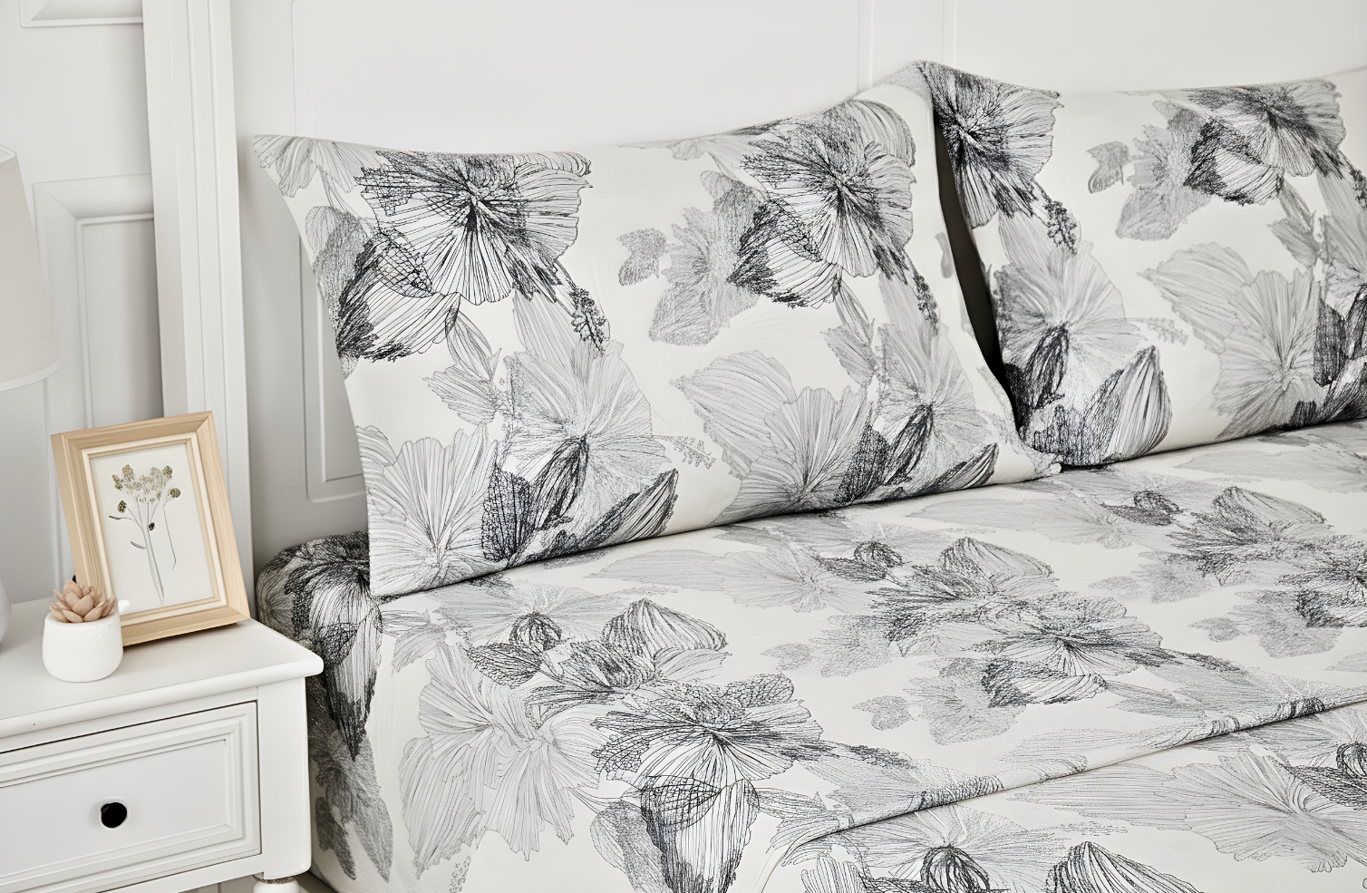 Set Lenjerie de Pat de Lux din Bumbac Ranforce | Floral, King Size, 4 Piese – Model Ink Blossom