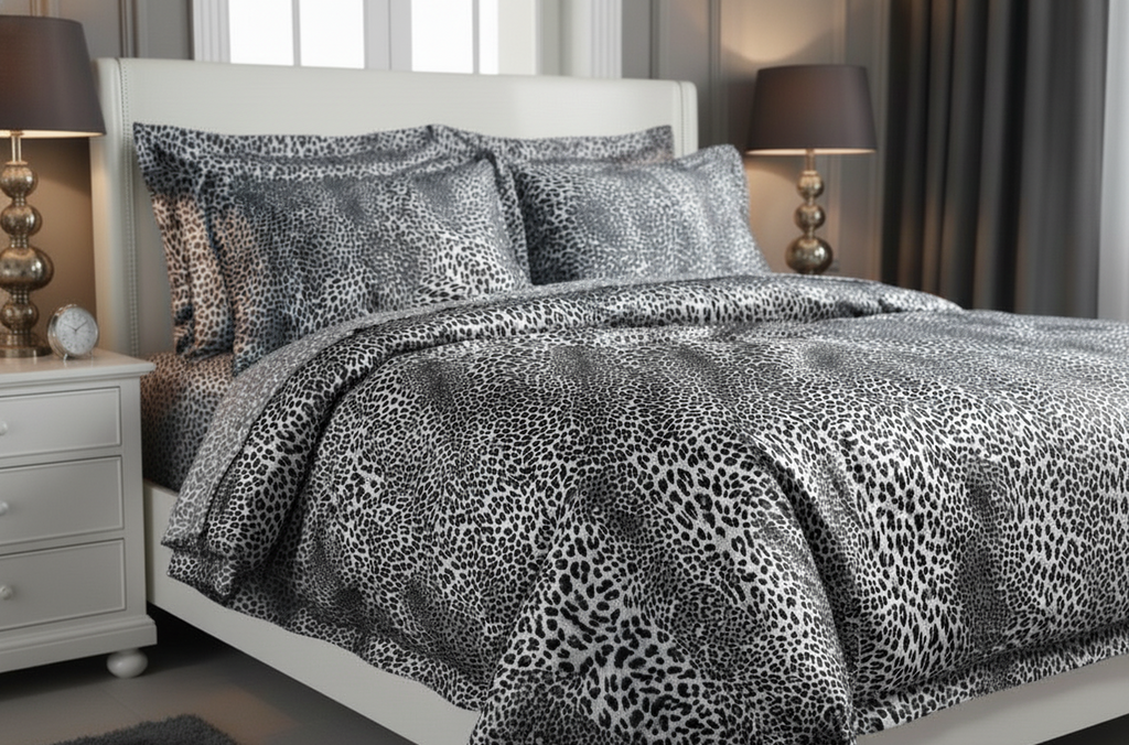 Set Lenjerie de Pat de Lux din Bumbac Ranforce | Leopard Gray, King Size, 4 Piese – Model Leopard