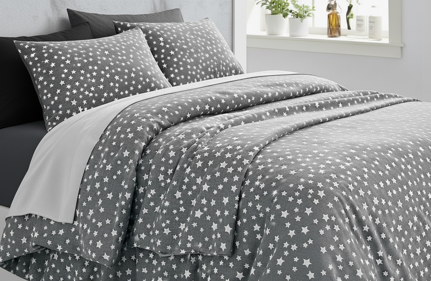Set Lenjerie de Pat de Lux din Bumbac Ranforce | Stelute, King Size, 4 Piese – Model Starlight