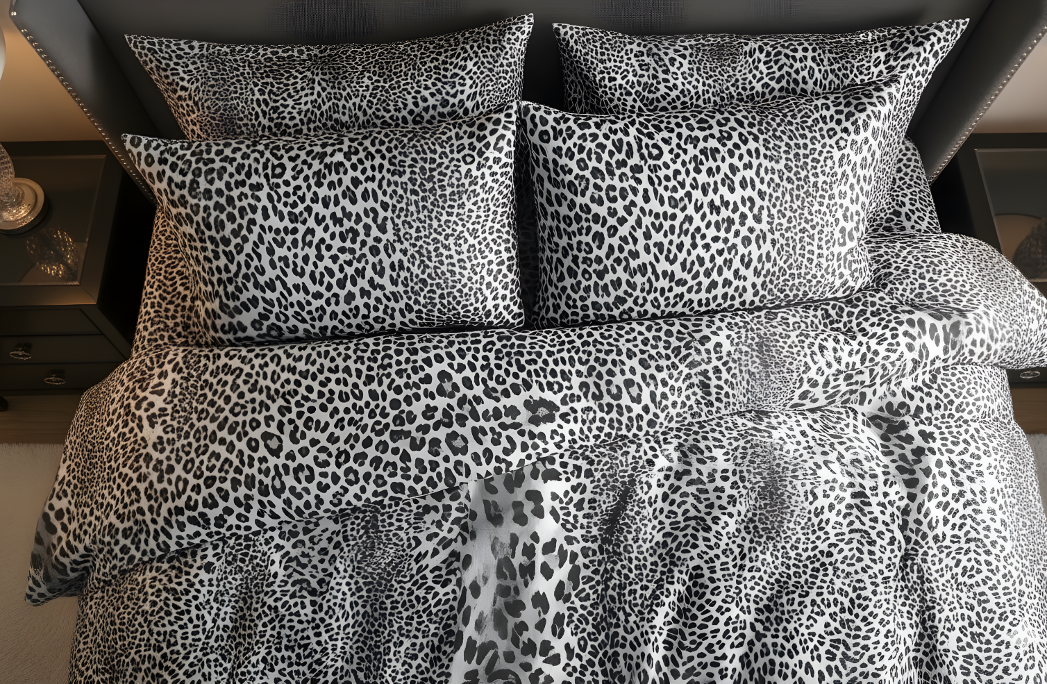 Set Lenjerie de Pat de Lux din Bumbac Ranforce | Leopard Gray, King Size, 4 Piese – Model Leopard